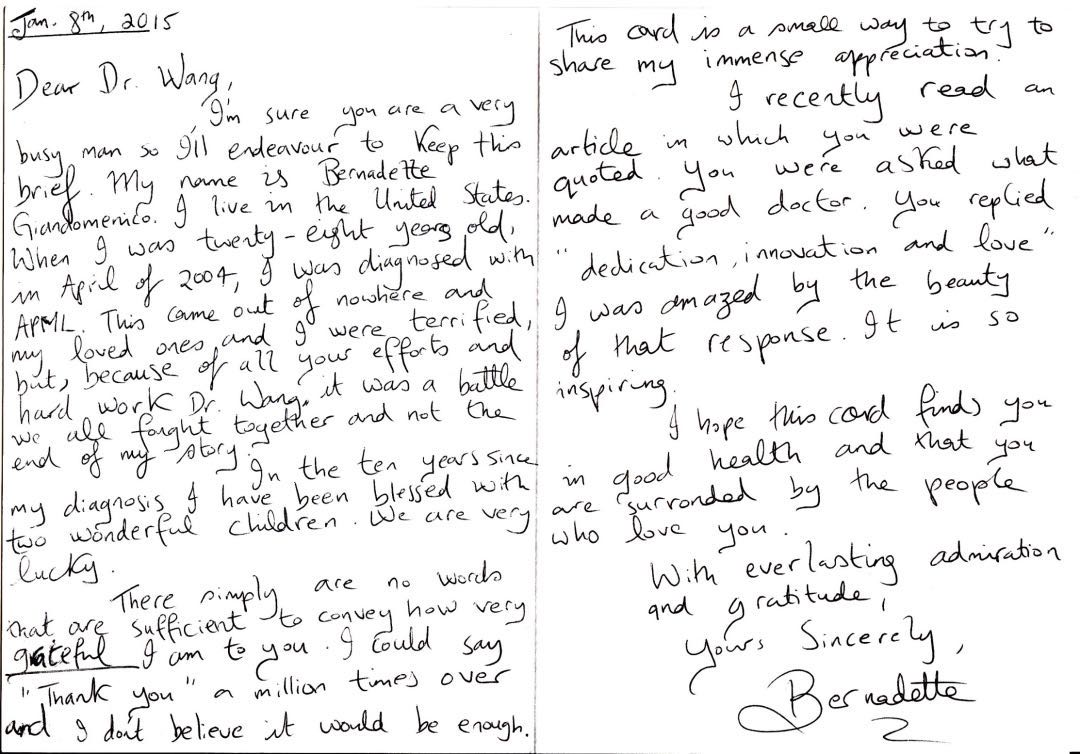 2015年一名美国母亲在白血病治愈后得知治疗方案是一名中国医生发现的，几经周折找到王振义的地址写来着风感谢信.jpg